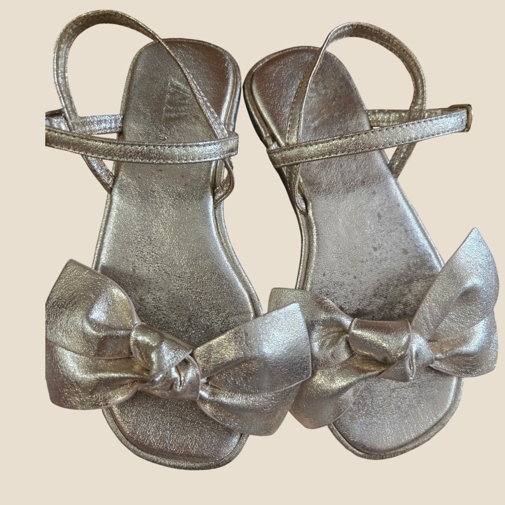 Zara Kids Girls Metallic Gold Bow Ankle Strap Sandals Size 30 Flat Dress Shoes